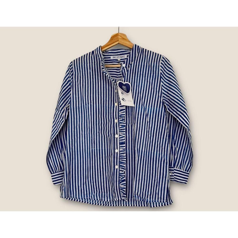 Blue White Striped Band Collar Blouse Button Ruffle Long Sleeve Small Feminine